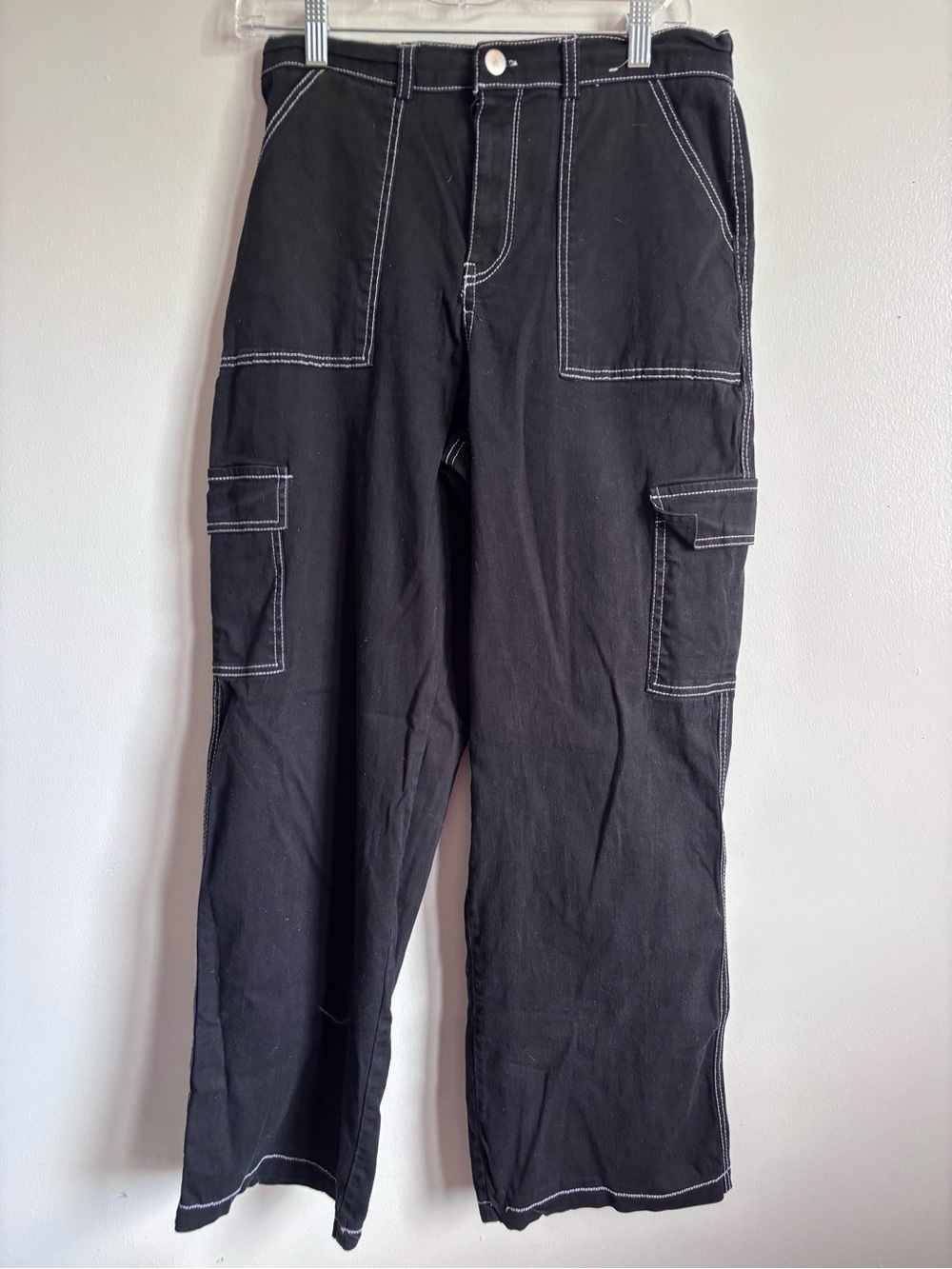 Rachel Paige Black Wide Leg Cargo Pants with White Contrast Stitching Large